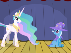 Size: 1280x957 | Tagged: safe, artist:evil-dec0y, character:princess celestia, character:trixie, species:alicorn, species:pony, species:unicorn, comic:trixie vs., cape, clothing, duo, duo female, female, hat, mare, shrunken pupils, stage, trixie's cape, trixie's hat
