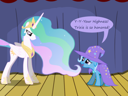 Size: 1280x957 | Tagged: safe, artist:evil-dec0y, character:princess celestia, character:trixie, species:alicorn, species:pony, species:unicorn, comic:trixie vs., cape, clothing, duo, duo female, female, hat, mare, stage, trixie's cape, trixie's hat
