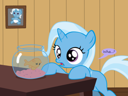 Size: 1200x900 | Tagged: safe, artist:evil-dec0y, character:trixie, species:pony, species:unicorn, comic:trixie vs., dead, female, filly, filly trixie, fish, fish bowl, solo, x eyes, younger