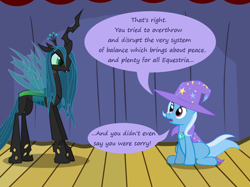Size: 1280x957 | Tagged: safe, artist:evil-dec0y, character:queen chrysalis, character:trixie, species:changeling, species:pony, species:unicorn, comic:trixie vs., angry, cape, changeling queen, clothing, cute, cutealis, dialogue, diatrixes, duo, duo female, female, hat, madorable, mare, stage, trixie's cape, trixie's hat