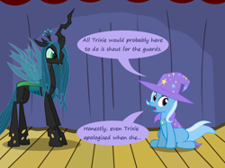 Size: 1280x957 | Tagged: safe, artist:evil-dec0y, character:queen chrysalis, character:trixie, species:changeling, species:pony, species:unicorn, comic:trixie vs., cape, changeling queen, clothing, duo, duo female, female, hat, mare, stage, trixie's cape, trixie's hat