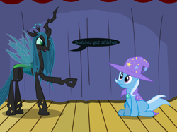 Size: 1280x957 | Tagged: safe, artist:evil-dec0y, character:queen chrysalis, character:trixie, species:changeling, species:pony, species:unicorn, comic:trixie vs., cape, changeling queen, clothing, duo, duo female, female, hat, mare, stage, trixie's cape, trixie's hat