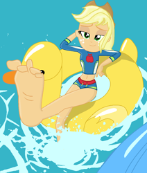 Size: 916x1080 | Tagged: safe, artist:grapefruitface1, base used, derpibooru original, edit, character:applejack, episode:i'm on a yacht, g4, my little pony: equestria girls, my little pony:equestria girls, spoiler:eqg series (season 2), applejack's hat, barefoot, belly button, clothing, cowboy hat, feet, female, hat, inflatable toy, midriff, pool toy, soles, solo, spalshing, splash, swimming pool, swimsuit, wiggling toes