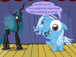 Size: 1280x957 | Tagged: safe, artist:evil-dec0y, character:queen chrysalis, character:trixie, species:changeling, species:pony, species:unicorn, comic:trixie vs., angry, blushing, changeling queen, clothing, costume, duo, duo female, female, hypocritical humor, mare, pony costume, stage