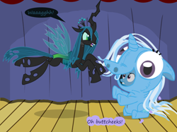 Size: 1280x957 | Tagged: safe, artist:evil-dec0y, character:queen chrysalis, character:trixie, species:changeling, species:pony, species:unicorn, comic:trixie vs., changeling queen, clothing, costume, duo, duo female, female, leaping, mare, pony costume, stage