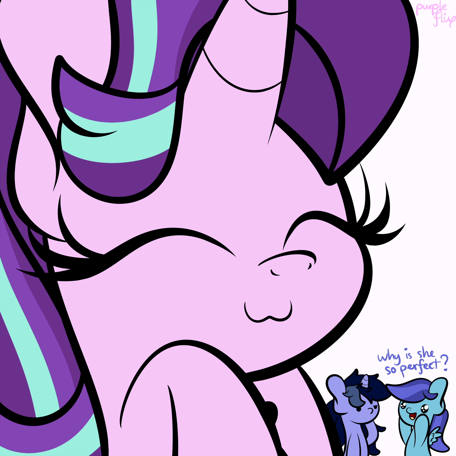 Size: 1500x1500 | Tagged: safe, artist:kimjoman, character:starlight glimmer, oc, oc:purple flix, oc:sierra nightingale, species:pegasus, species:pony, species:unicorn, :3, animated, cute, dialogue, eyes closed, fangirling, female, gif, glimmerbetes, mare, smiling, vibrating