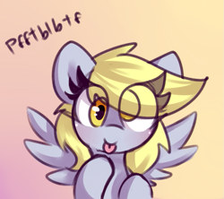 Size: 681x605 | Tagged: safe, artist:dsp2003, artist:lockheart, character:derpy hooves, species:pegasus, species:pony, blep, colored sketch, cute, derpabetes, eye clipping through hair, female, gradient background, mare, mlem, raspberry, silly, silly pony, solo, tongue out