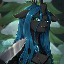 Size: 1500x1500 | Tagged: safe, artist:evomanaphy, character:queen chrysalis, species:anthro, species:changeling, episode:frenemies, g4, my little pony: friendship is magic, amused, arrogant, blade, breasts, busty queen chrysalis, cleavage, clothing, crown, eyeshadow, fangs, female, floppy ears, former queen chrysalis, jewelry, knife, knife cat, lidded eyes, looking at you, makeup, meme, ponified animal photo, raised eyebrow, regalia, smiling, smirk, smug, solo, threat