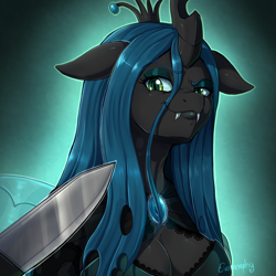 Size: 1500x1500 | Tagged: safe, alternate version, artist:evomanaphy, character:queen chrysalis, species:anthro, species:changeling, episode:frenemies, g4, my little pony: friendship is magic, blade, breasts, busty queen chrysalis, changeling queen, cleavage, clothing, fangs, female, floppy ears, knife, knife cat, lidded eyes, looking at you, meme, ponified animal photo, smug, solo, threat