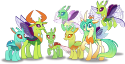 Size: 6626x3424 | Tagged: safe, artist:vector-brony, character:queen chrysalis, character:thorax, species:changeling, species:pony, species:reformed changeling, a better ending for chrysalis, absurd resolution, changedlingified, changeling king, changeling queen, clypeus, cornicle, cute, cutealis, cuteling, female, flying, group, inkscape, looking at you, male, mare, open mouth, purified chrysalis, raised hoof, reformed, simple background, smiling, smiling at you, spread wings, standing, transparent background, vector, wings