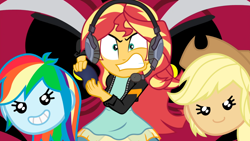Size: 1280x720 | Tagged: safe, artist:anime-equestria, artist:frownfactory, edit, editor:biggernate91, character:applejack, character:lord tirek, character:rainbow dash, character:sunset shimmer, episode:game stream, g4, my little pony: equestria girls, my little pony:equestria girls, spoiler:eqg series (season 2), >:d, emoji, evil grin, gamer sunset, grin, shimmercode, smiling, sunset shimmer frustrated at game, thumbnail, tirek's revenge, youtube, youtube thumbnail