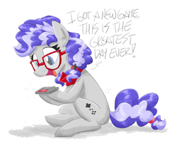 Size: 3900x3200 | Tagged: safe, artist:flutterthrash, oc, oc only, oc:cinnabyte, species:earth pony, species:pony, adorkable, ascot, bandana, cartridge, cute, d-pad, dork, earth pony oc, female, game cartridge, glasses, mare, neckerchief, nintendo, open mouth, pigtails, simple background, smiling, solo, super nintendo, super nintendo entertainment system, video game, white background