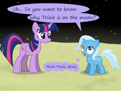Size: 1200x900 | Tagged: safe, artist:evil-dec0y, character:trixie, character:twilight sparkle, character:twilight sparkle (alicorn), species:alicorn, species:pony, comic:trixie vs., comic:trixie vs. the moon, age regression, female, filly, filly trixie, moon, younger
