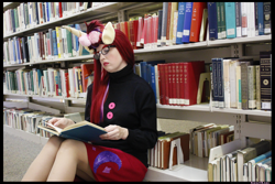 Size: 5184x3456 | Tagged: safe, artist:krazykari, character:moondancer, species:human, book, bookshelf, clothing, cosplay, costume, irl, irl human, photo, solo