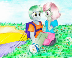 Size: 1124x908 | Tagged: safe, artist:liaaqila, oc, oc only, oc:software patch, oc:windcatcher, my little pony:equestria girls, clothing, commission, couple, dress, equestria girls-ified, flower, glasses, outdoors, parachute, shoes, sitting on person, sneakers, traditional art, windpatch