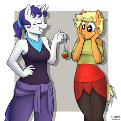 Size: 2000x2000 | Tagged: safe, artist:strangerdanger, character:applejack, character:rarity, oc, oc:ivory, oc:sparkling cider, species:anthro, ship:rarijack, cute, female, gift giving, jackabetes, jewelry, lesbian, necklace, raribetes, shipping, smiling, starry eyes, ultimare universe, wingding eyes