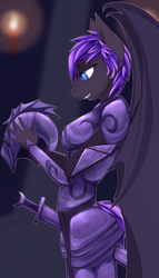 Size: 2000x3500 | Tagged: safe, artist:chapaevv, patreon reward, oc, oc:crescentstar the batpony, species:anthro, species:bat pony, armor, bat pony oc, clothing, female, helmet, misleading thumbnail, open mouth, patreon, royal guard, solo, standing, sword, weapon, wings