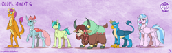 Size: 4900x1500 | Tagged: safe, artist:inuhoshi-to-darkpen, character:gallus, character:ocellus, character:sandbar, character:silverstream, character:smolder, character:yona, species:changeling, species:classical hippogriff, species:dragon, species:earth pony, species:griffon, species:hippogriff, species:pony, species:reformed changeling, species:yak, bow, changeling queen, cloven hooves, dragoness, feathered fetlocks, female, hair bow, horn, horn ring, male, older, older gallus, older ocellus, older sandbar, older silverstream, older smolder, older student six, older yona, purple background, queen ocellus, realistic horse legs, simple background, smiling, stallion, student six