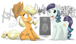Size: 1920x1113 | Tagged: safe, artist:flutterthrash, character:applejack, character:coloratura, species:earth pony, species:pony, dialogue, female, metal, music, smiley face, speakers, this will end in deafness
