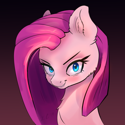 Size: 2795x2795 | Tagged: safe, alternate version, artist:xbi, character:pinkamena diane pie, character:pinkie pie, species:earth pony, species:pony, adorabolical, bust, cheek fluff, chest fluff, cute, cuteamena, ear fluff, evil grin, female, gradient background, grin, looking at you, portrait, smiling, solo