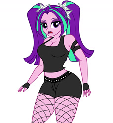 Size: 1650x1800 | Tagged: safe, artist:mashoart, character:aria blaze, equestria girls:rainbow rocks, g4, my little pony: equestria girls, my little pony:equestria girls, belly button, breasts, busty aria blaze, cleavage, clothing, female, fishnets, midriff, pigtails, shorts, simple background, solo, tank top, twintails