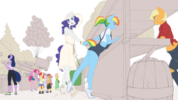 Size: 4800x2700 | Tagged: safe, artist:captainpudgemuffin, character:apple bloom, character:applejack, character:fluttershy, character:pinkie pie, character:rainbow dash, character:rarity, character:scootaloo, character:sweetie belle, character:twilight sparkle, species:anthro, species:earth pony, species:pegasus, species:plantigrade anthro, species:pony, species:unicorn, ship:raridash, alternate hairstyle, booth, clipboard, clothing, commission, cotton candy, cutie mark crusaders, female, filly, food, halter top, hat, holding hands, leaning, leaning forward, lesbian, mane six, mare, market, midriff, monochrome, ponytail, popsicle, purse, sandals, shipping, short hair, short tail, shorts, simple background, sketch, white background, wingless, wingless anthro, wip, writing