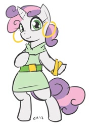 Size: 661x900 | Tagged: safe, artist:moronsonofboron, character:sweetie belle, species:pony, bipedal, bracelet, clothing, dress, earring, piercing