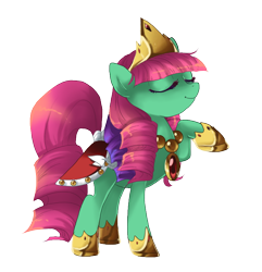 Size: 724x750 | Tagged: safe, artist:loyaldis, oc, species:earth pony, species:pony, crown, eyes closed, female, hoof shoes, ivy (g2), jewelry, mare, raised hoof, regalia, simple background, solo, transparent background