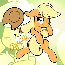 Size: 3000x3000 | Tagged: safe, artist:kimjoman, character:applejack, species:earth pony, species:pony, accessories, bedroom eyes, clothing, cowboy hat, cute, female, gradient background, hat, hug, jackabetes, looking at you, lying down, one eye closed, solo, strategically covered, tail hug, wink, zoom layer