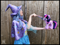 Size: 4032x3024 | Tagged: safe, artist:krazykari, character:trixie, character:twilight sparkle, species:human, species:pony, boop, clothing, cosplay, costume, irl, irl human, magic wand, photo, plushie