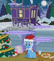 Size: 1280x1440 | Tagged: safe, artist:evil-dec0y, character:trixie, species:pony, comic:trixie vs., comic:trixie vs. hearth's warming, christmas, christmas tree, clothing, costume, hat, holiday, santa costume, santa hat, tree, trixie's wagon