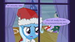 Size: 1280x720 | Tagged: safe, artist:evil-dec0y, character:trixie, species:pony, comic:trixie vs., comic:trixie vs. hearth's warming, christmas, christmas tree, clothing, costume, hat, holiday, santa costume, santa hat, tree