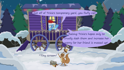 Size: 1280x720 | Tagged: safe, artist:evil-dec0y, character:trixie, species:pony, comic:trixie vs., comic:trixie vs. hearth's warming, christmas, clothing, hat, holiday, santa hat, squirrel, trixie's wagon