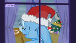 Size: 1280x720 | Tagged: safe, artist:evil-dec0y, character:trixie, species:pony, comic:trixie vs., comic:trixie vs. hearth's warming, christmas, christmas tree, clothing, hat, holiday, santa hat, tree