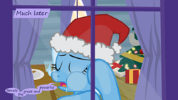 Size: 1280x720 | Tagged: safe, artist:evil-dec0y, character:trixie, species:pony, comic:trixie vs., comic:trixie vs. hearth's warming, christmas, christmas tree, clothing, hat, holiday, santa hat, tree