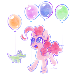 Size: 1280x1279 | Tagged: safe, artist:dawnfire, character:gummy, character:pinkie pie, species:earth pony, species:pony, balloon, cute, dawwww, diapinkes, duo, female, floating, mare, open mouth, then watch her balloons lift her up to the sky