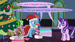 Size: 1280x720 | Tagged: safe, artist:evil-dec0y, character:starlight glimmer, character:trixie, species:pony, comic:trixie vs., comic:trixie vs. hearth's warming, christmas, christmas tree, clothing, costume, hat, holiday, santa costume, santa hat, tree