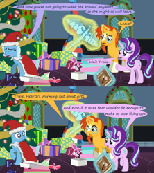 Size: 1280x1440 | Tagged: safe, artist:evil-dec0y, character:starlight glimmer, character:sunburst, character:trixie, species:pony, comic:trixie vs., christmas, christmas tree, clothing, costume, hat, holiday, santa costume, santa hat, tree
