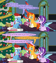 Size: 1280x1440 | Tagged: safe, artist:evil-dec0y, character:starlight glimmer, character:sunburst, character:trixie, species:pony, comic:trixie vs., christmas, christmas tree, clothing, costume, hat, holiday, santa costume, santa hat, tree