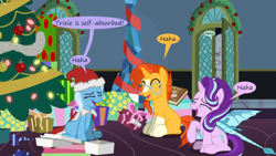 Size: 1280x720 | Tagged: safe, artist:evil-dec0y, character:starlight glimmer, character:sunburst, character:trixie, species:pony, comic:trixie vs., christmas, christmas tree, clothing, costume, hat, holiday, santa costume, santa hat, tree, when you see it