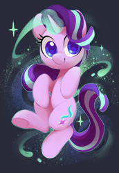 Size: 1207x1756 | Tagged: safe, artist:dawnfire, character:starlight glimmer, species:pony, species:unicorn, g4, abstract background, c:, colored pupils, cute, female, floating, glimmerbetes, glowing horn, horn, looking at you, magic, magic aura, mare, smiling, solo, sparkles, underhoof
