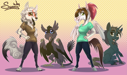 Size: 1683x1000 | Tagged: safe, artist:sunny way, rcf community, oc, oc only, oc:saitudon, oc:sunny way, species:anthro, species:pegasus, species:pony, species:unicorn, species:wolf, amaterasu, anthro with ponies, chibi, cute, furry, horn, male, okami, open mouth, smiling, stallion, wings, wyvern