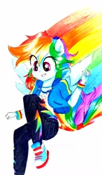 Size: 2322x3988 | Tagged: safe, artist:liaaqila, character:rainbow dash, episode:run to break free, g4, my little pony: equestria girls, my little pony:equestria girls, spoiler:eqg series (season 2), clothing, converse, female, jacket, pants, rainbow, shirt, shoes, sneakers, solo, traditional art, wristband