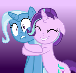 Size: 876x839 | Tagged: safe, artist:grapefruitface1, base used, derpibooru original, character:starlight glimmer, character:trixie, species:pony, species:unicorn, best friends, duo, gradient background, hape, hug, lip bite, shocked