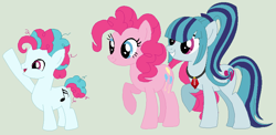 Size: 852x416 | Tagged: safe, artist:themexicanpunisher, base used, character:pinkie pie, character:sonata dusk, oc, oc:allegro, parent:pinkie pie, parent:sonata dusk, parents:pinata, species:earth pony, species:pony, ship:pinata, colt, equestria girls ponified, family, female, green background, lesbian, magical lesbian spawn, male, offspring, ponified, shipping, simple background