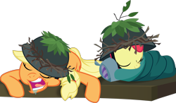 Size: 3185x1861 | Tagged: safe, artist:frownfactory, character:apple bloom, character:applejack, species:earth pony, species:pony, episode:going to seed, g4, my little pony: friendship is magic, .svg available, eyes closed, female, filly, helmet, majestic as fuck, mare, open mouth, pillow, salivating, simple background, sleeping, sleeping bag, snoring, svg, transparent background, vector