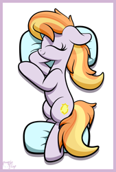 Size: 2100x3100 | Tagged: safe, artist:kimjoman, character:copper top, species:earth pony, species:pony, alternate hairstyle, commission, cute, eyes closed, female, lying down, on side, pillow, smiling, solo