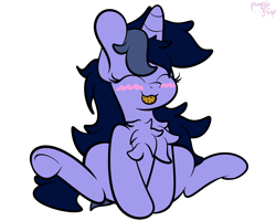 Size: 2500x2000 | Tagged: safe, artist:kimjoman, oc, oc only, oc:purple flix, species:pony, species:unicorn, blushing, chest fluff, cookie, cute, eyes closed, female, food, nom, rule 63, simple background, sitting, solo, spread legs, spreading, white background