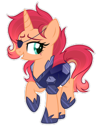 Size: 1802x2350 | Tagged: safe, artist:lazuli, artist:xxmelody-scribblexx, base used, parent:sunset shimmer, parent:tempest shadow, parents:tempestshimmer, species:pony, species:unicorn, armor, eye scar, eyepatch, female, grin, hoof shoes, magical lesbian spawn, mare, offspring, scar, simple background, smiling, solo, transparent background