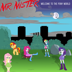 Size: 1000x1000 | Tagged: safe, artist:grapefruitface1, character:fluttershy, character:pinkie pie, character:rainbow dash, character:rarity, character:sunset shimmer, character:tom, species:pony, my little pony:equestria girls, 80s, album cover, cloud, cloudy, eqg promo pose set, equestria girls ponified, equestria girls-ified album cover, grass, mare in the moon, moon, mr. mister, ponified, ponified animal photo, rock, rock band, sitting, skyline